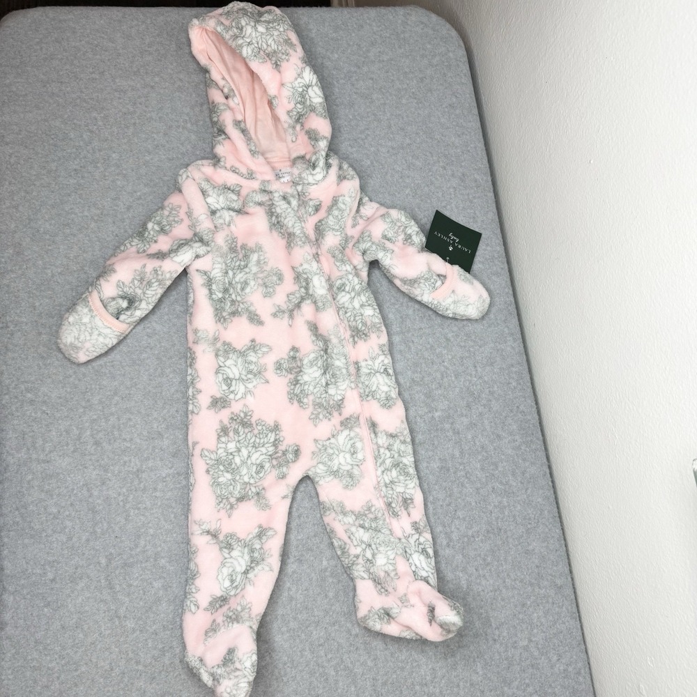 Laura Ashley Soft Hooded Coverall Pink Baby Girls 3-6 Months Floral One Piece